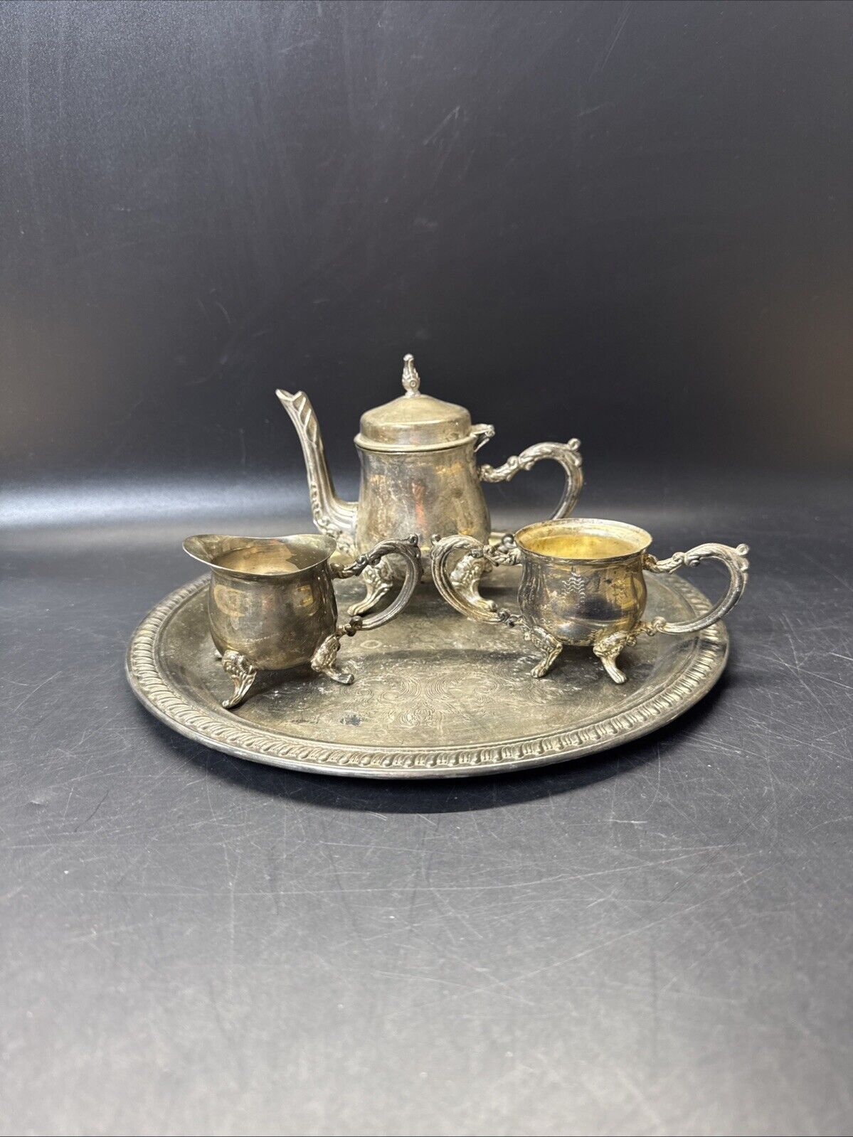 Tea Set Godinger Silver Art Individual Tea Pot/Creamer/ Sugar Bowl/Tray