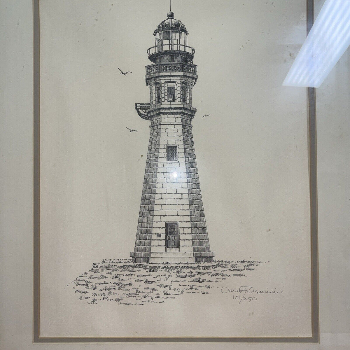 Vintage Pencil Drawing Nautical Lighthouse Art Signed