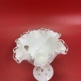 Fenton Milk Glass Candy Bowl/Basket, Ruffled Violets In Snow Signed P.Brilliant