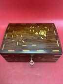 Vintage Handmade Inlaid Wood Jewelry Box W/Key,Gold Inlaid Design,10"x 7"x4"
