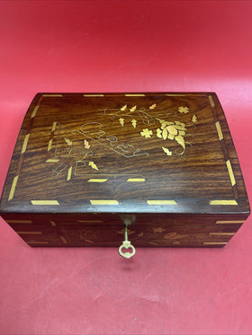 Vintage Handmade Inlaid Wood Jewelry Box W/Key,Gold Inlaid Design,10"x 7"x4"