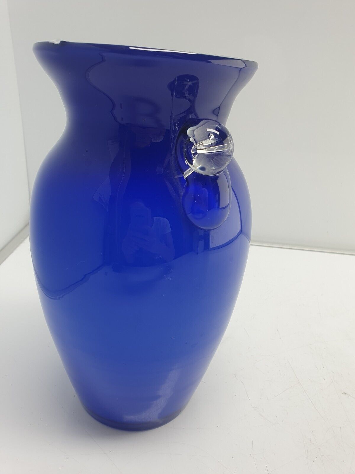 Gorgeous Blue Glass Vase Applied Clear Scroll Handles 10.5"