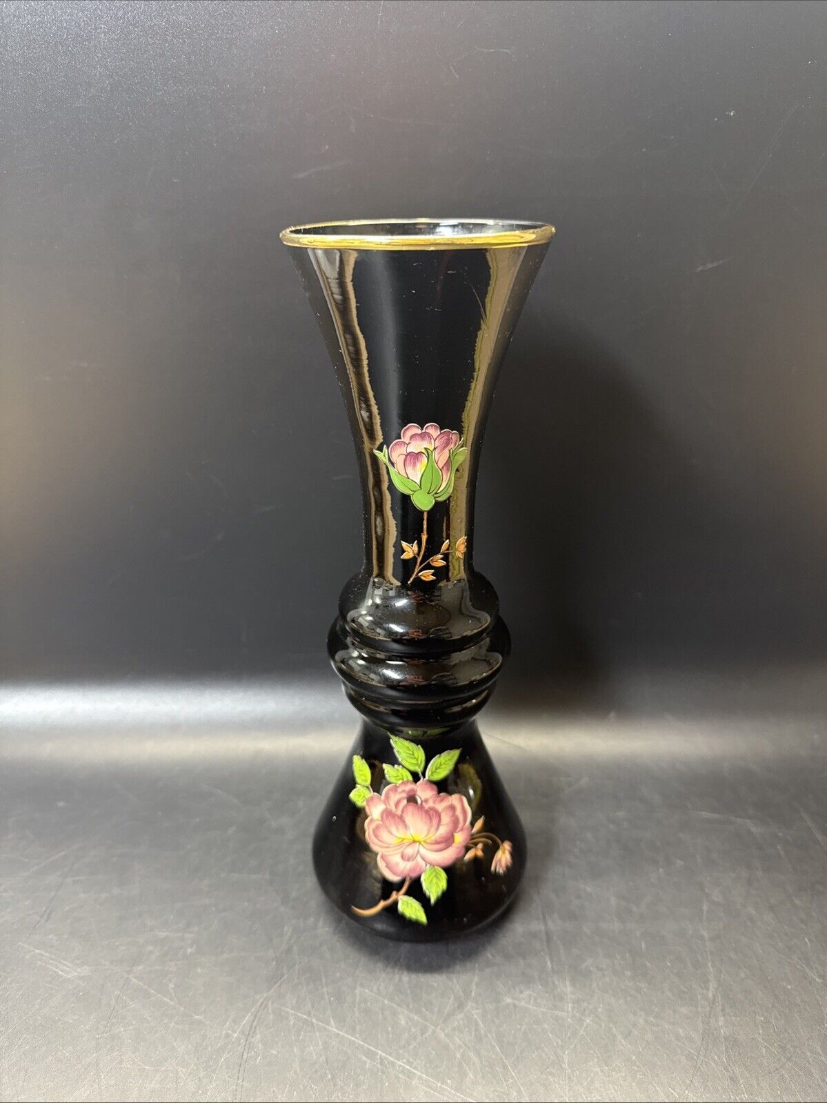 Norleans Black Vase with Pink Flower Oriental Vase Made In Italy Gold Trim