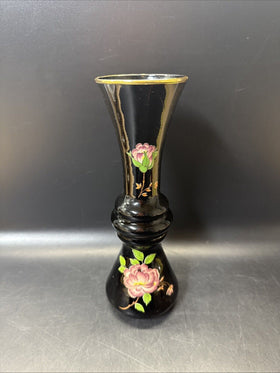 Norleans Black Vase with Pink Flower Oriental Vase Made In Italy Gold Trim