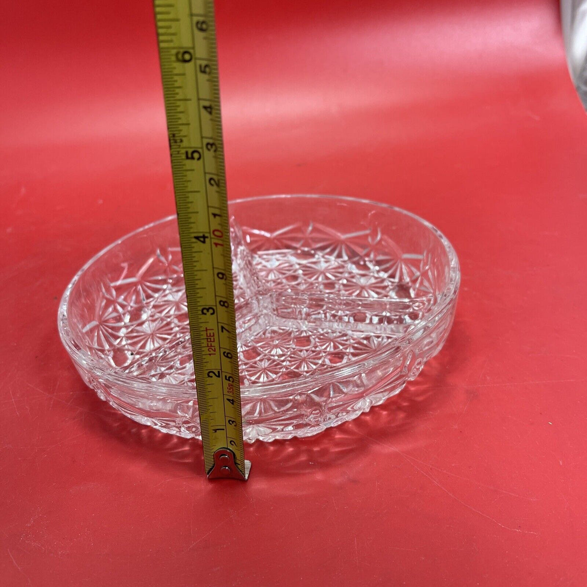 Clear Cut Glass 3 Part Round Condiment Relish/Candy Dish