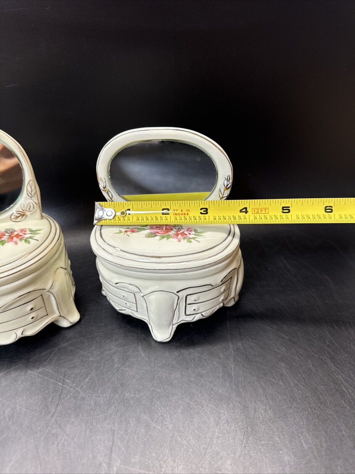Dresser Jewelry Trinket Vanity Set 2- Mirrors Lidded Footed Floral Porcelain