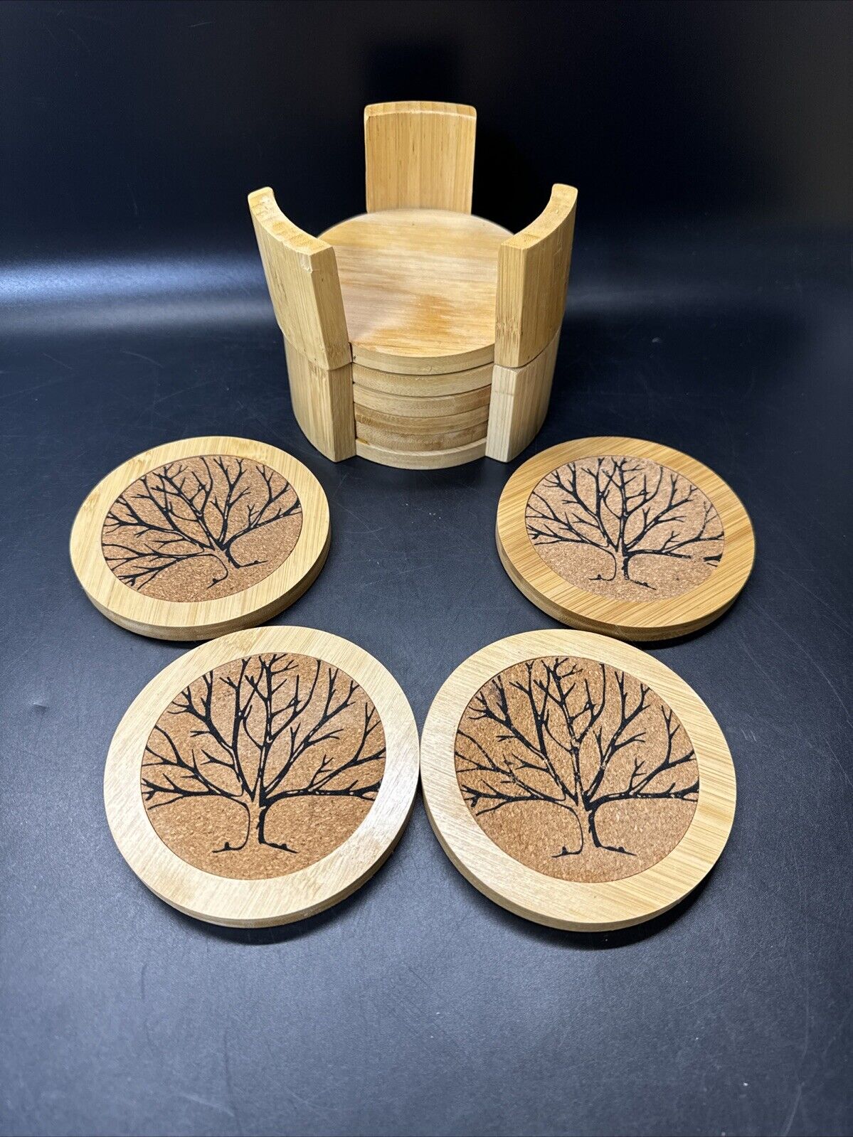 MODERN BAMBOO CORK TREE DESIGN SET OF 8 TABLE COASTERS