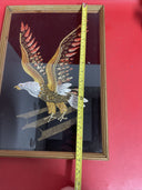 Vtg ART Velvet Bald Eagle Beaded Sequin Embroidered Applique framed under plexi.