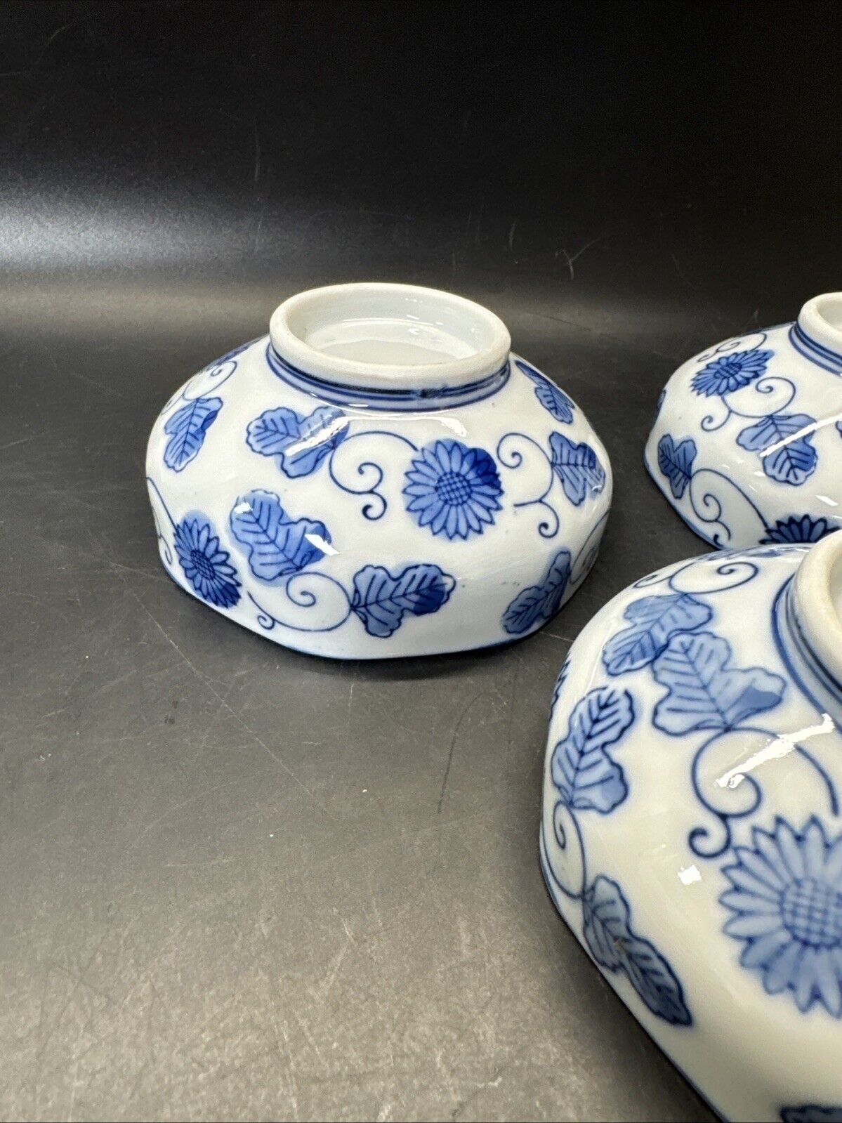 Vintage Otigiri Octagon OMC Japan China Blue White Leaf Rice Bowl/ Set Of 3