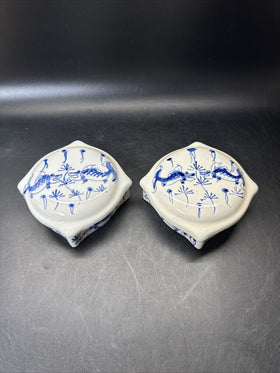 Vintage Koi Fish Trinket Dish w/Lid- Blue on White/ Lot Of 2