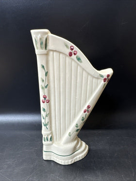 VINTAGE CREME COLORED HARP WALL POCKET W/ HAND PAINTED FLOWERS