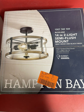 NEW Hampton Bay Richland 2-Light Grey Wood Semi Flush Mount Clear Seedy Glass