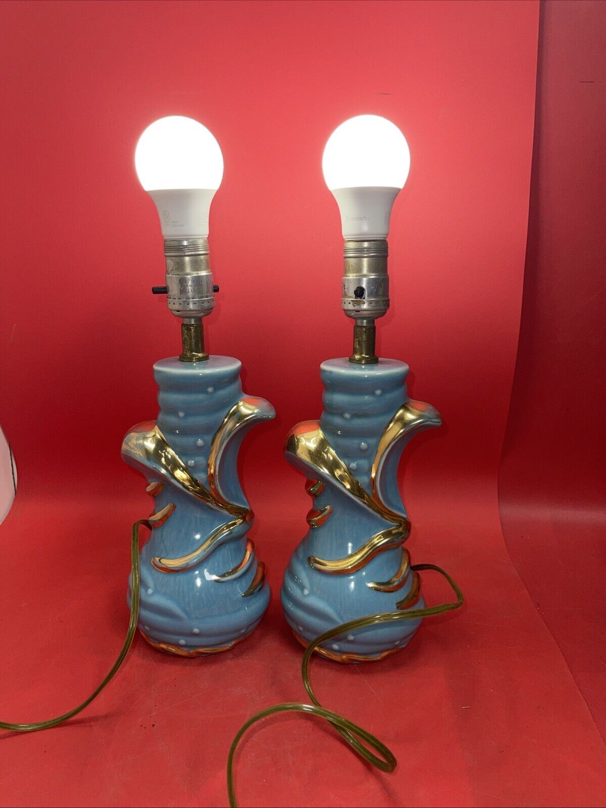 MCM Vtg C. Miller 1956 Ceramic Table Lamp 9" Blue w/ Gold Lot 2