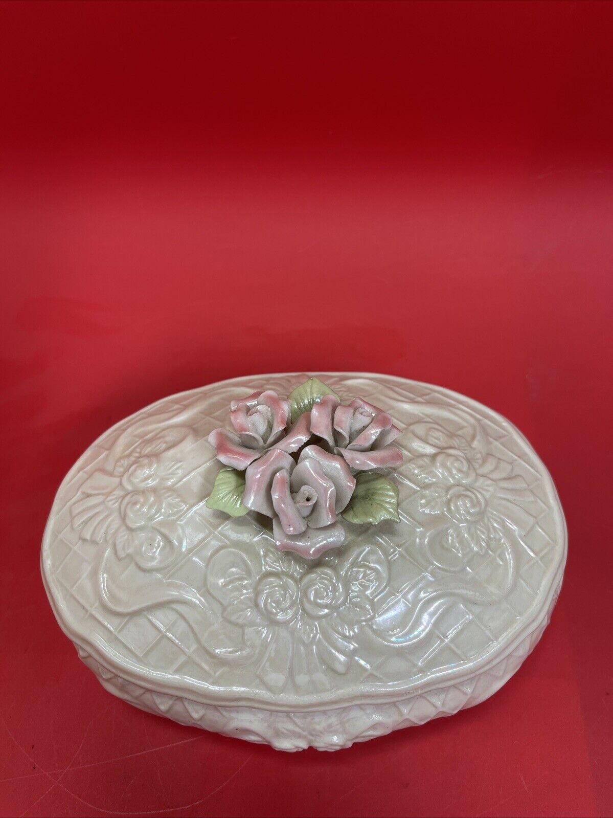 Porcelain Embossed Trinket Box Lidded Roses