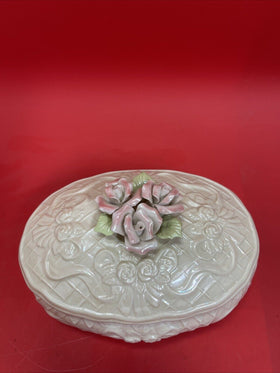 Porcelain Embossed Trinket Box Lidded Roses