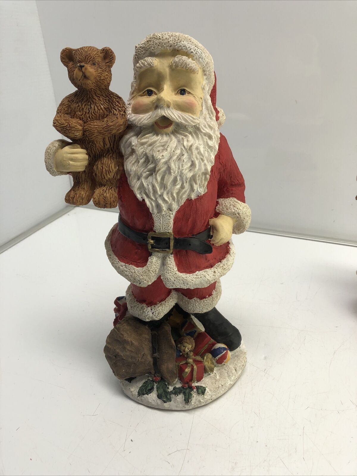 12", 8” Resin Jolly Santa Claus Figurine Holding Teddy Bear With Toys 2Set