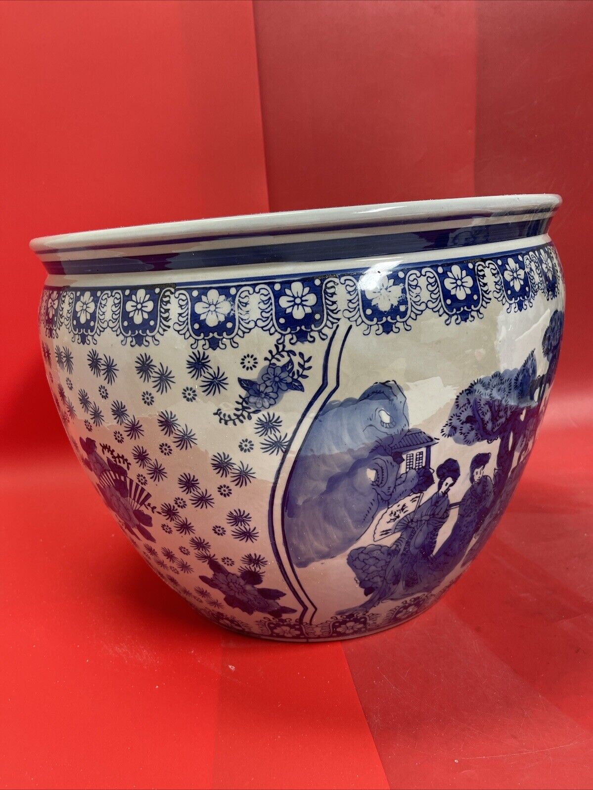 16" Ladies Blue & White Porcelain Fishbowl