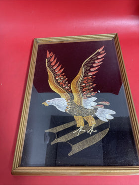 Vtg ART Velvet Bald Eagle Beaded Sequin Embroidered Applique framed under plexi.