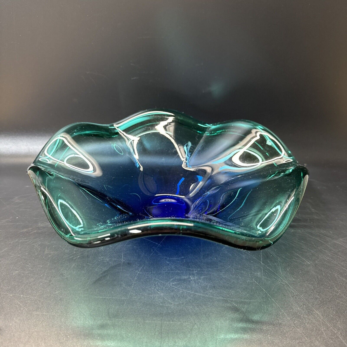 Vintage Murano-Style Cobalt Blue with Green Edges Art Glass Wave Ruffle Bowl 10"