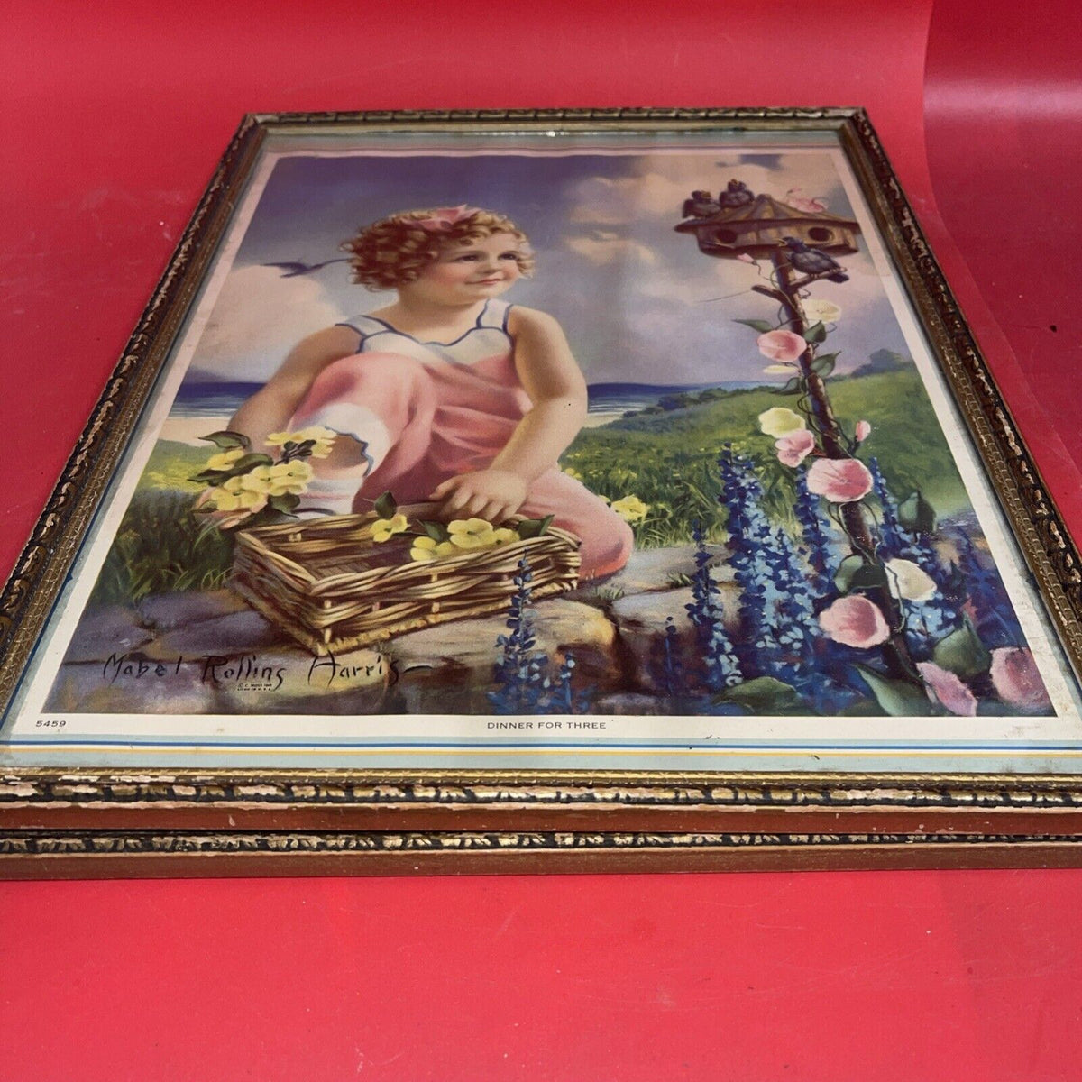 Vintage art Girl Birds house Flowers, by Mabel Rollings Harris Lot 2
