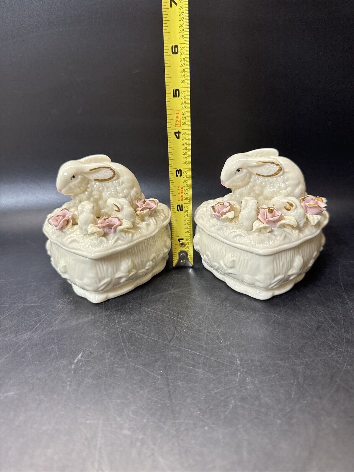 Heart Shape Trinket Box With Bunnies and Flowers/ Lot Of 2