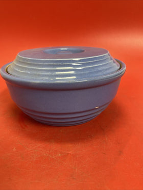 Vintage Blue Glazed Stoneware CASSEROLE + LID Serving Bowl Crock 8" Dia.