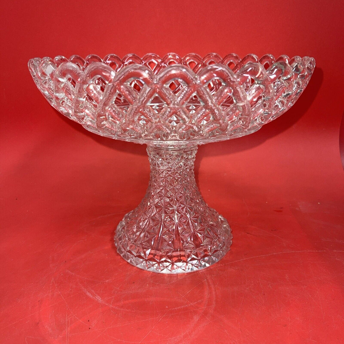 Imperial Glass Lace Edge Diamond Cut Base Pedestal Bowl