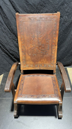 Vintage Rocking chair Peru Aztec Motif Embossed Leather & Wood