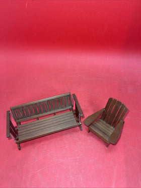 Vintage Miniature Dollhouse Brown Wood Porch Swing Bench Seat w/ Chains Armchair