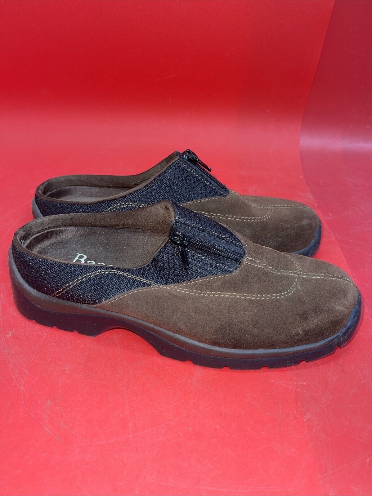 BASS Women's Slip on Suede Mules with Zipper  Size 7 Brown With Black Trim