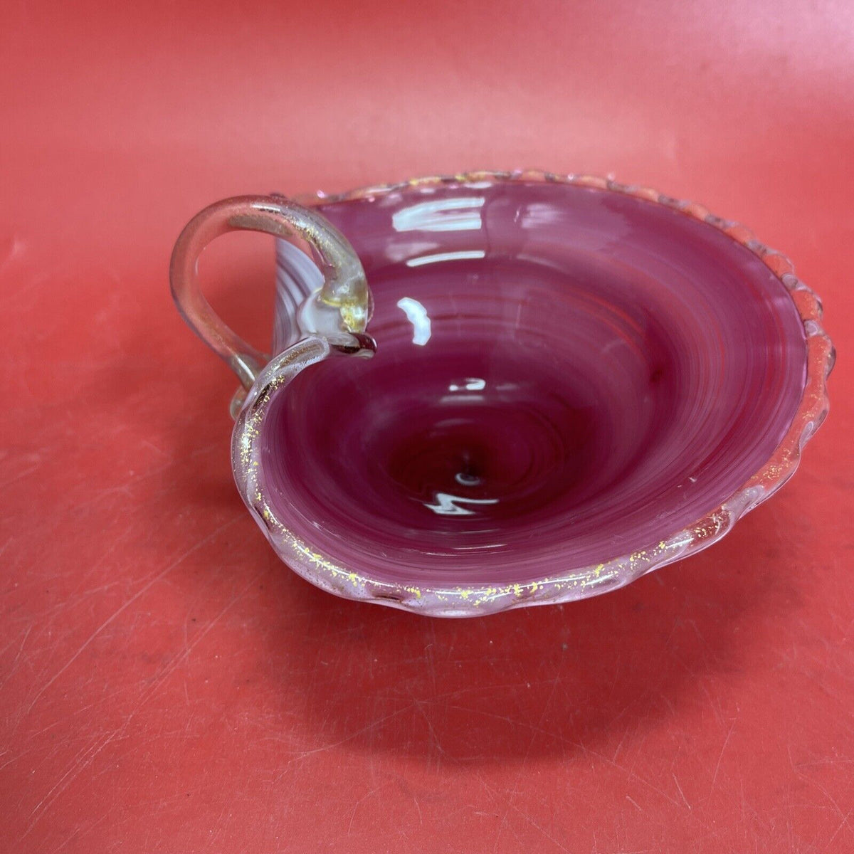 Vintage Italy Hand Blown Pink Swirl Glass Gold Fleck Nappy Dish