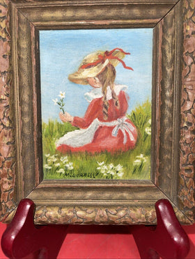 Small framed painting signed by the artist, oil on canvas "Girl picking flowers”