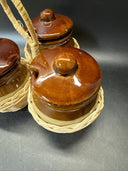 Vintage Rattan Condiment Caddy w/ 3 Stoneware Crocks