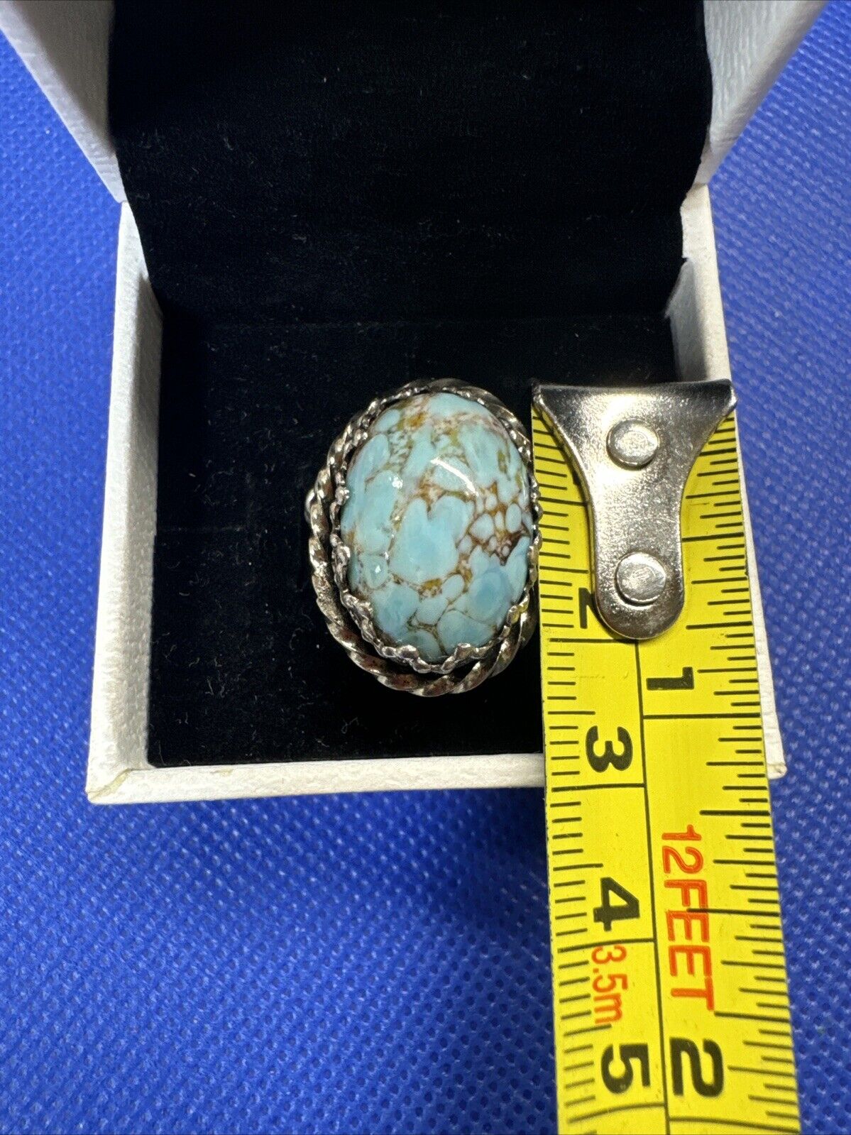 Germany Turquoise Peking Art Glass Ring Twisted Brass Adjustable