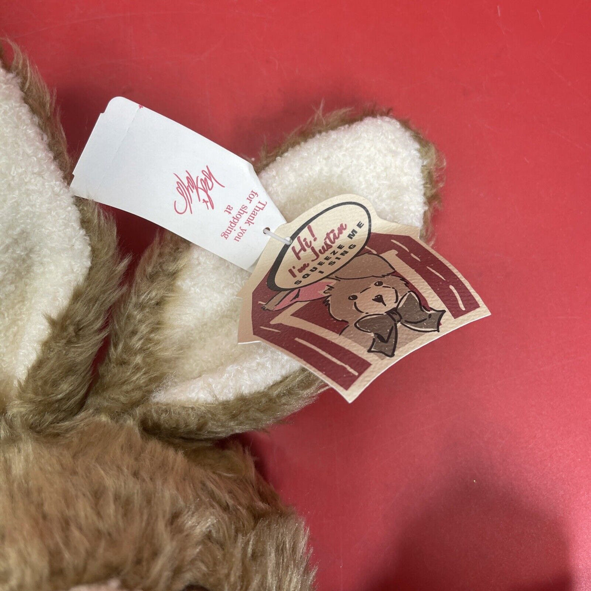 Vintage soft toy rabbit:Hi ! I’m Justin Squeeze Me I Sing