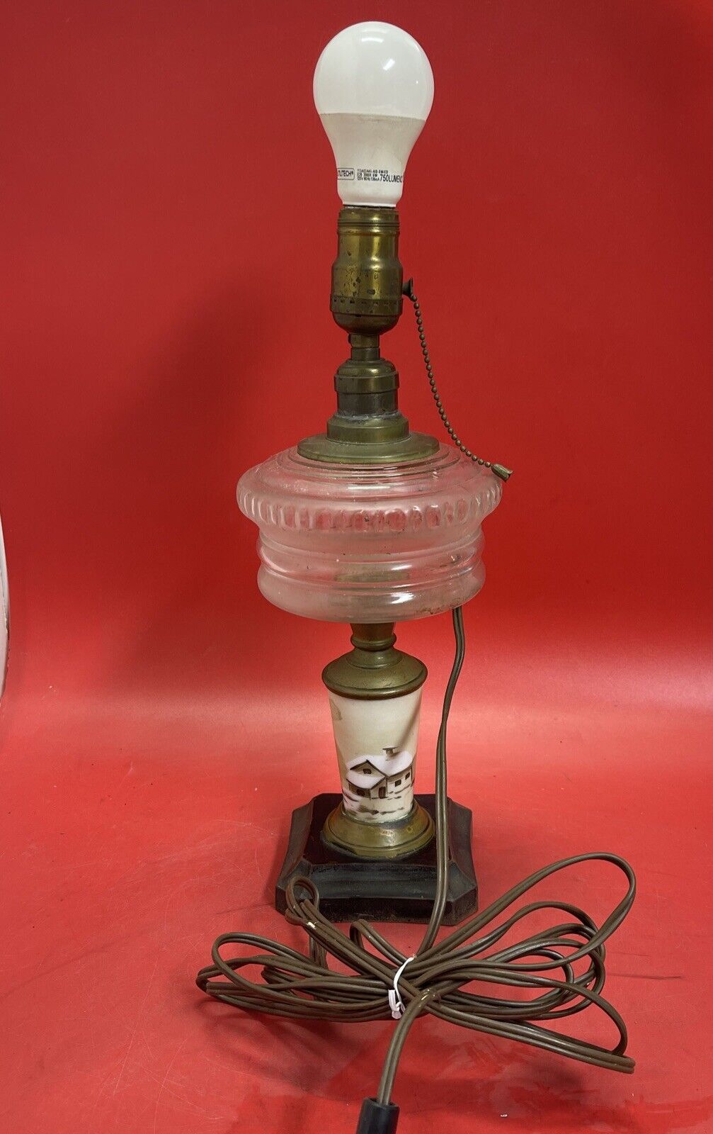 ANTIQUE VINTAGE GLASS BRASS CERAMIC TABLE LAMP