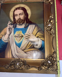 GLORIOUS ANTIQUE NUNS CONVENT FRAMED SACRED HEART JESUS 27" x 23”