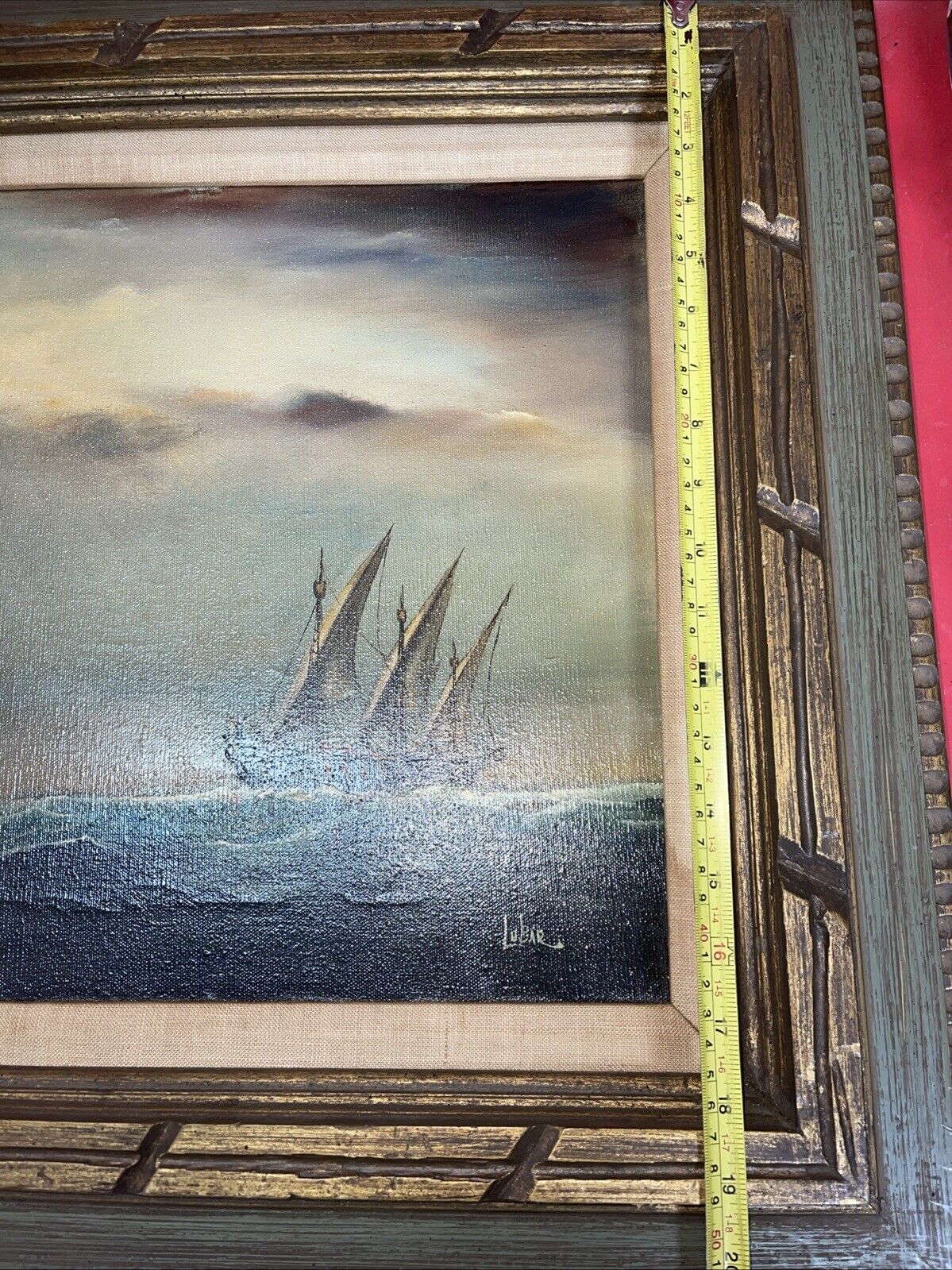 Vintage oil painting seascape ships signed by Lubar size 16”x31”