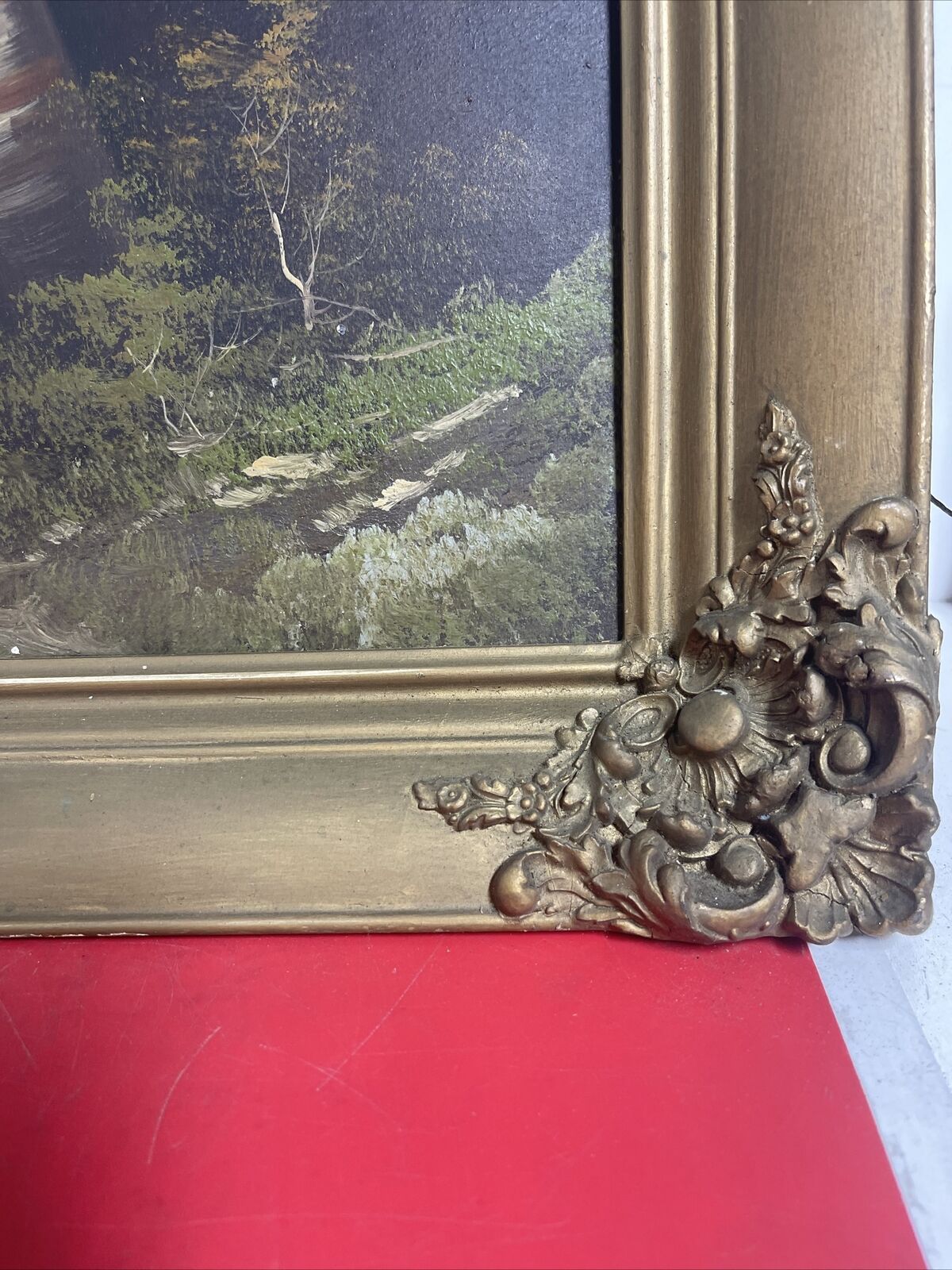 Antique Oil Painting on Cardboard Forest Landscape