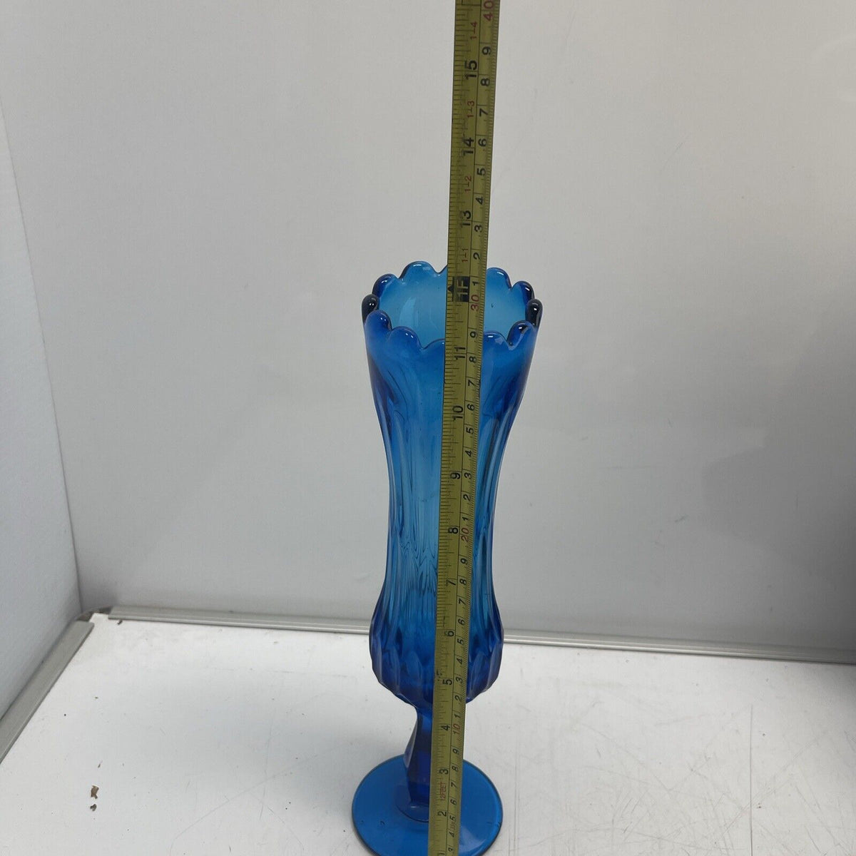 Vintage Royal Blue MCM Pedestal Vase, 11" tall, with ruffled edge