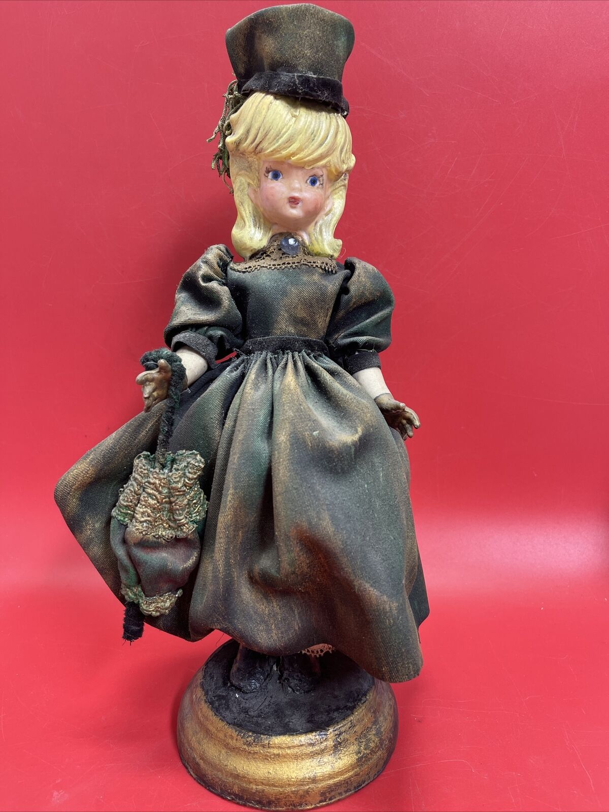 Porcelain Doll Green Velvet Dress & Hat On Stand