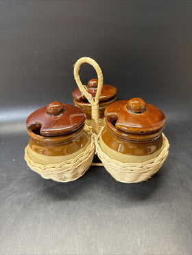 Vintage Rattan Condiment Caddy w/ 3 Stoneware Crocks