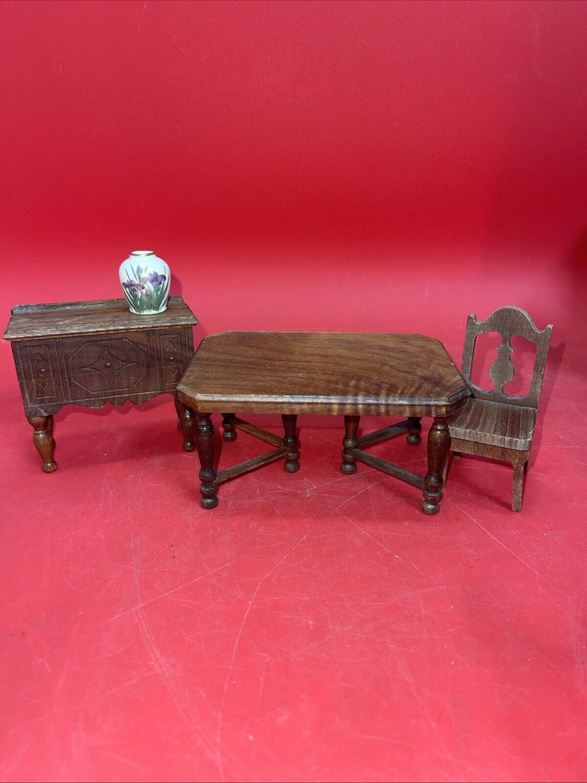 Strombecker Playthings 3 Pc Genuine Walnut Dining Room Items 1:12 dollhouse