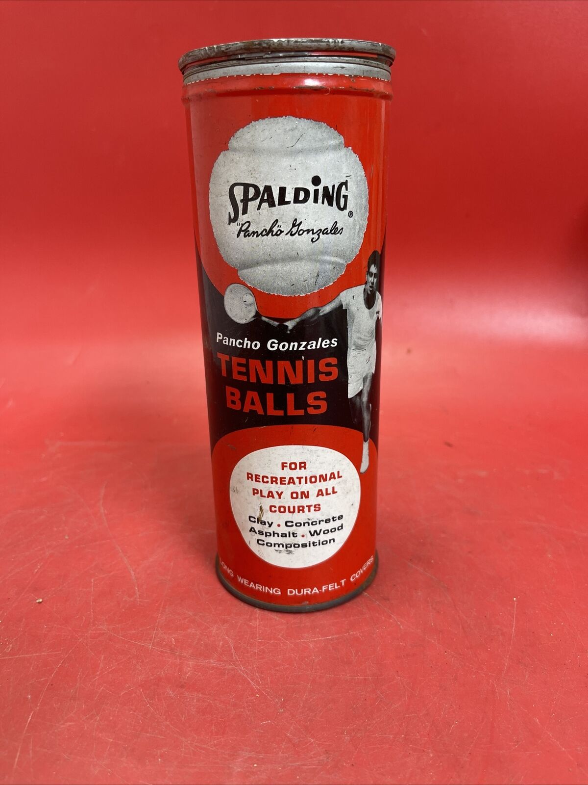 VINTAGE SPALDING PANCHO GONZALEZ TENNIS BALL CAN WITH 3 BALL