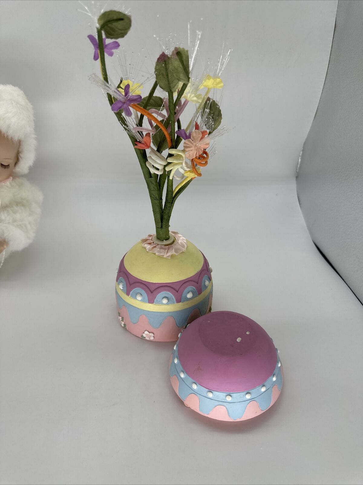 Heritage Signature Fiber Optic Bunny Baby with egg flower holder OH7585