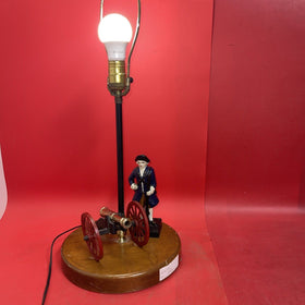 Revolutionary War Cast Iron Model Cannon & Soldier Table Lamp Wooden Base 23"