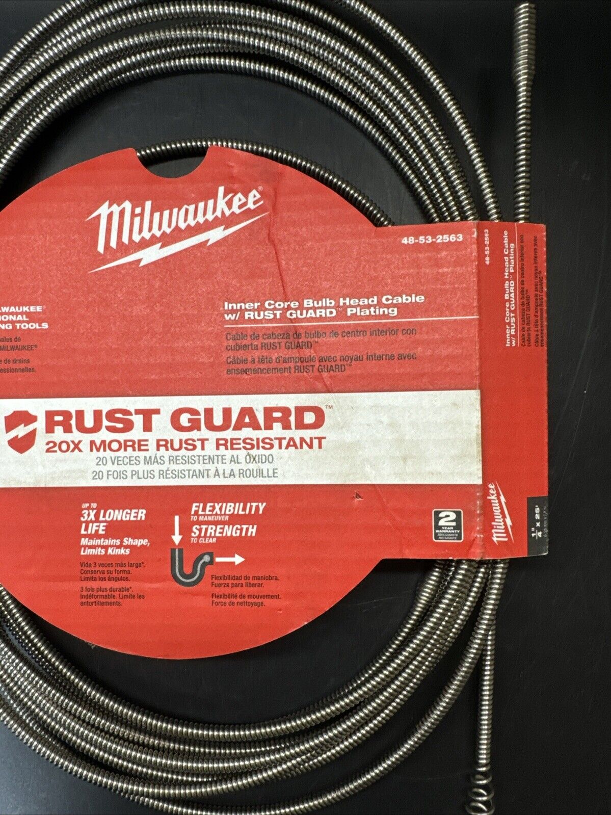 Milwaukee Tool 48-53-2563 1/4" X 25' Inner Core Bulb Head Cable W/ Rust Guard