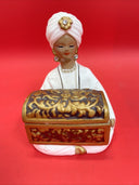 VINTAGE ENESCO SITTING GYPSY CERAMIC TRINKET BOX w TREASURE CHEST