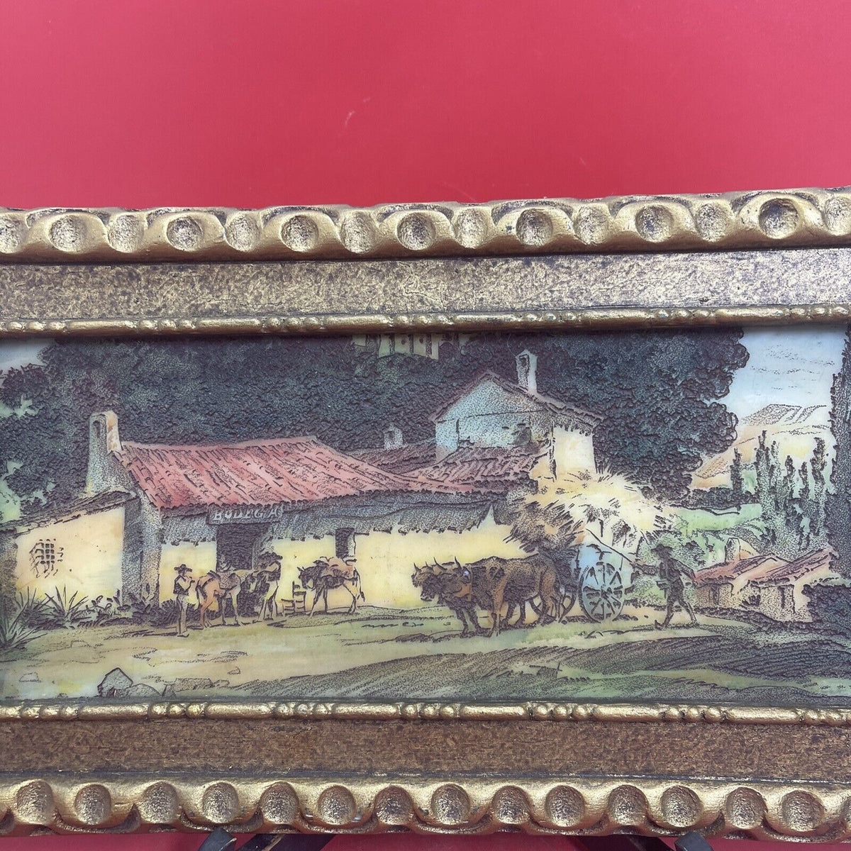 Framed Artini Engraving Hand Etched Painting 17x9.5" Spanish Bodega Old Town