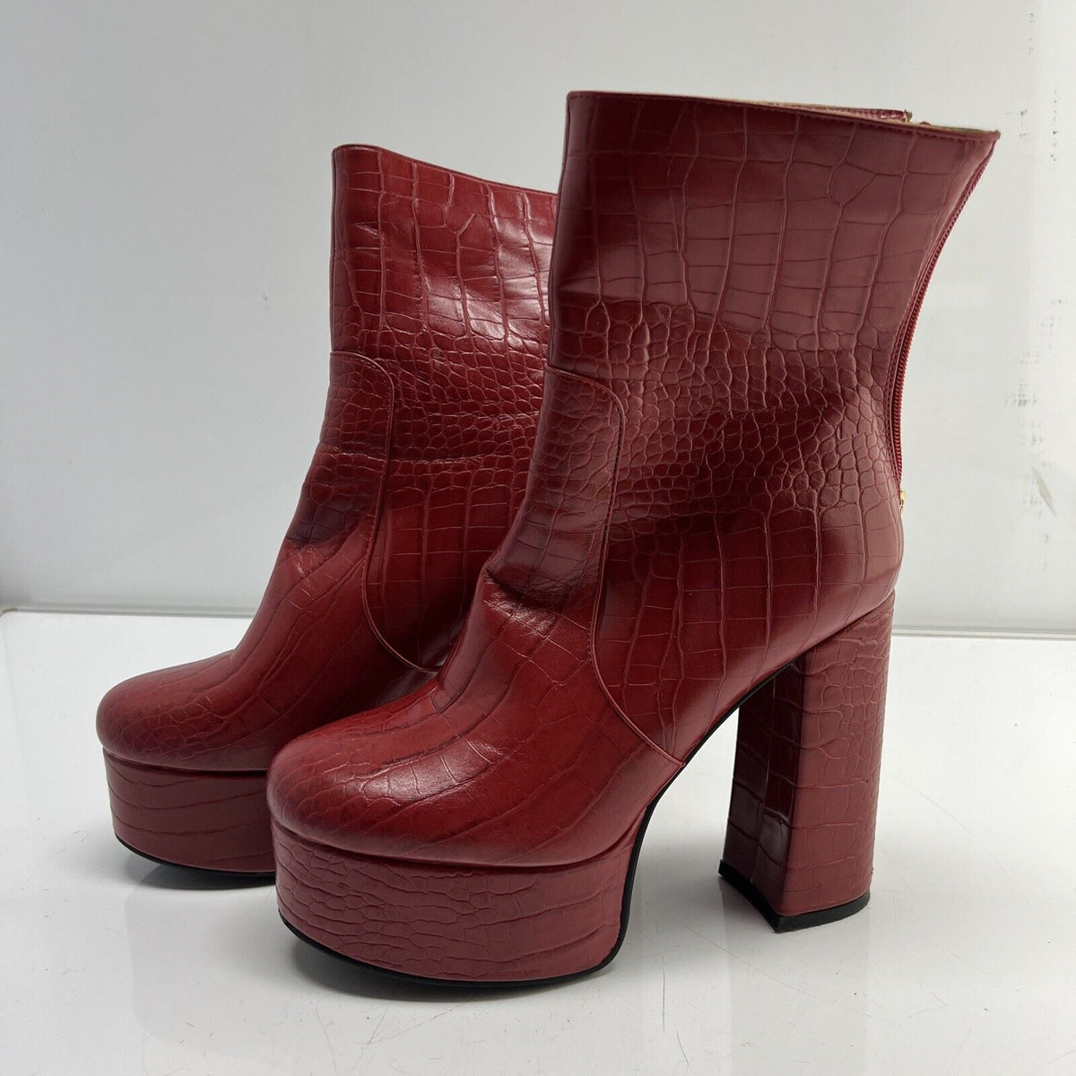 Women Ankle Boots Platform Catwalk High Block Red Color, Size 8.5